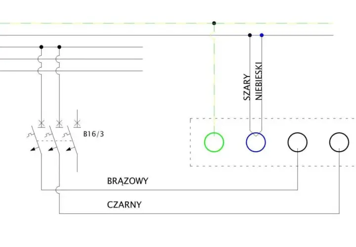 Schemat podłączenia płyty indukcyjnej: przewody PE, N, L1, L2, L3, zabezpieczenia B16/3, brązowy, czarny, szary, niebieski.