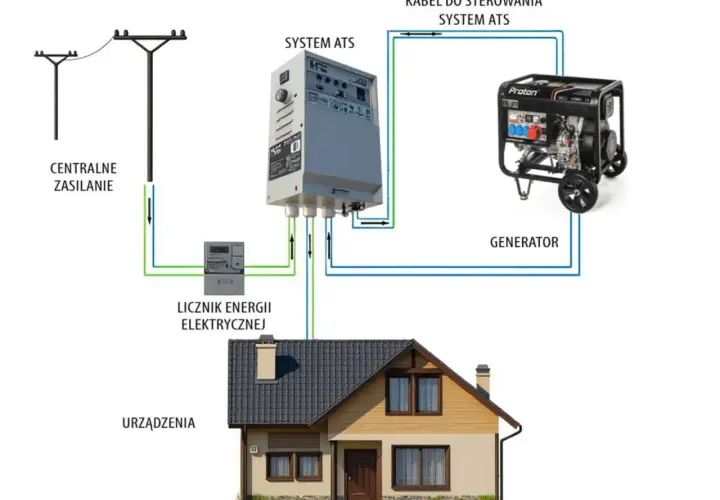 Schemat przyłącza elektrycznego domu jednorodzinnego: centralne zasilanie, licznik energii, system ATS i generator.