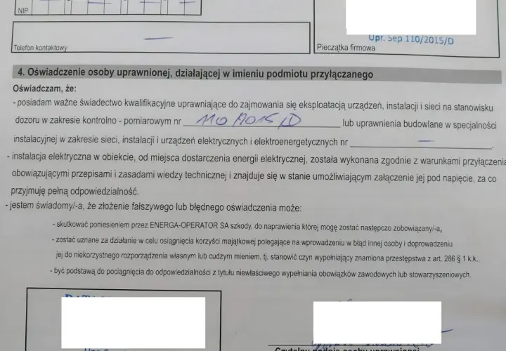 Wniosek o przyłącze energetyczne PGE wzór: oświadczenie osoby uprawnionej o posiadaniu kwalifikacji i zgodności instalacji z przepisami.