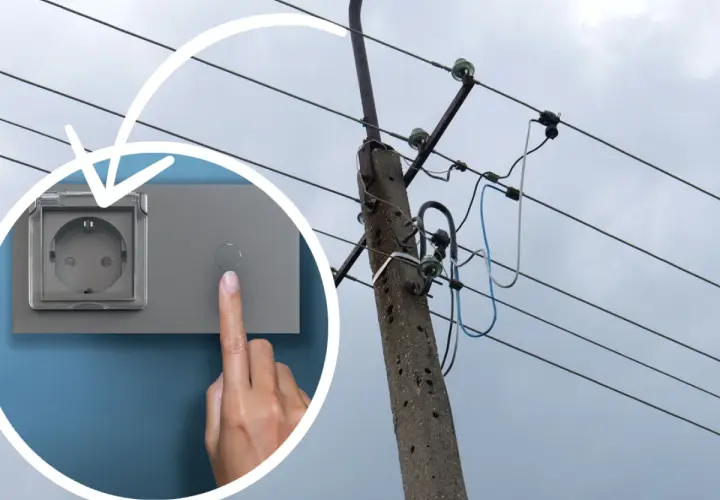 Zastanawiasz się, ile metrów przewodu elektrycznego na dom potrzeba? Obrazek pokazuje gniazdko i linię energetyczną, sugerując potrzebę planowania instalacji.
