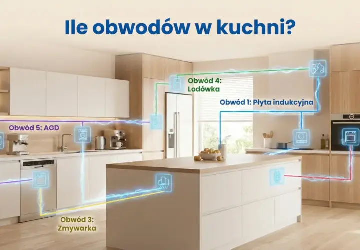 Ilustracja pokazuje nowoczesną kuchnię z zaznaczonymi obwodami elektrycznymi dla płyty indukcyjnej, piekarnika, zmywarki, lodówki i AGD.