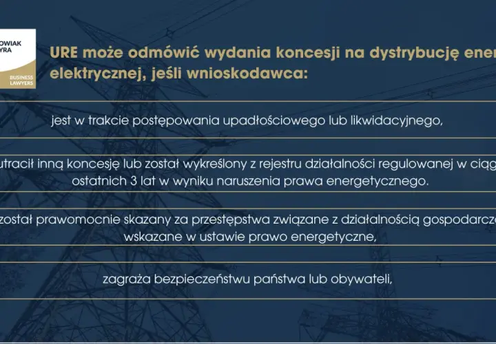 URE może odmówić koncesji na sprzedaż energii elektrycznej, gdy wnioskodawca jest w upadłości, stracił koncesję lub zagraża bezpieczeństwu.