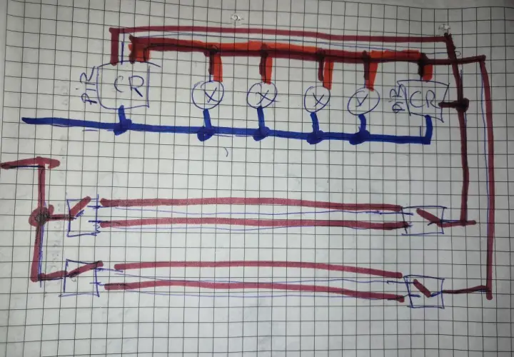 Schemat połączeń elektrycznych, pokazujący jak podłączyć czujnik ruchu na klatce schodowej. Widać przekaźnik, lampy i przewody.