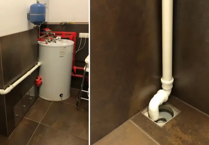Instalacja CO z bojlerem i zbiornikiem przeponowym. Biała rura odpływowa z odpływem podłogowym. Spada ciśnienie w instalacji CO?