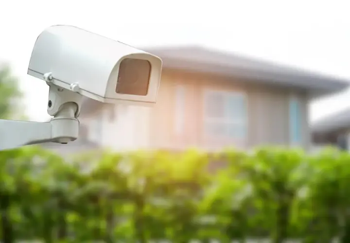 Biała kamera monitoringu na posesji, pilnująca domu i przestrzegająca przepisów bezpieczeństwa.
