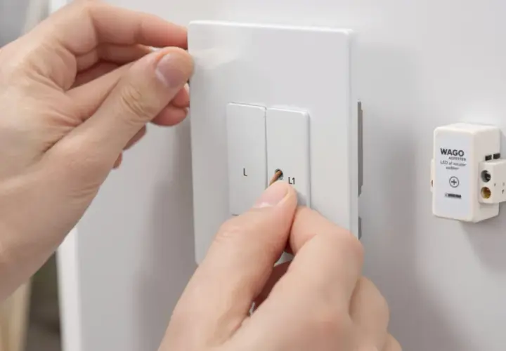 Ręce montują wyłącznik czasowy. Obok widoczny adapter WAGO.