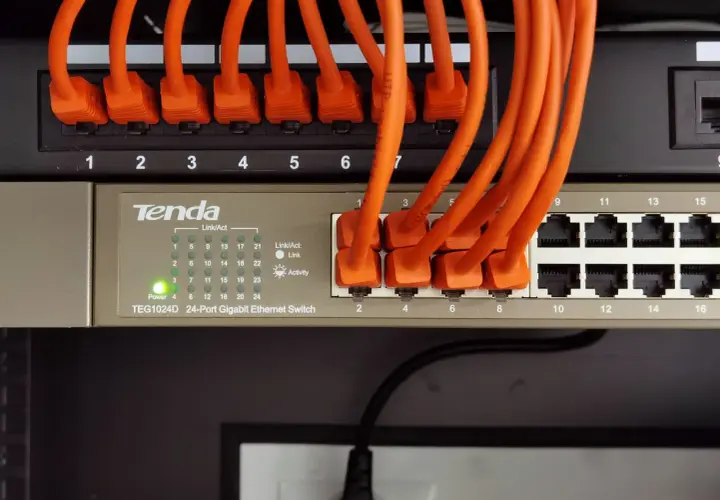 Pomarańczowe kable sieciowe podłączone do przełącznika Tenda TEG1024D, tworzące sieć LAN w domu.