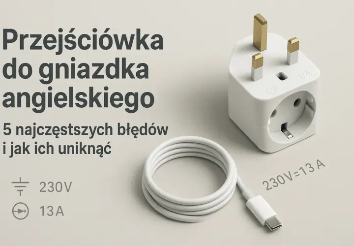 Adapter do angielskiego gniazdka. Biały adapter z trzema bolcami i gniazdem, biały kabel USB-C. 230V, 13A.