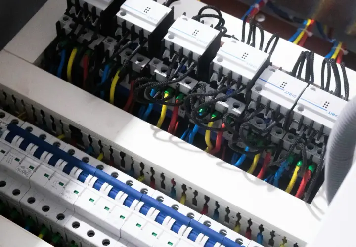 W tej instalacji elektrycznej widzimy przewody i wyłączniki, które pomagają nam zrozumieć, co mierzymy w amperach.