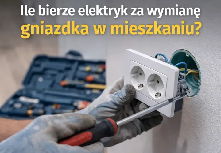 Elektryk w rękawicach dokonuje wymiany gniazdka, używając śrubokręta. W tle widoczna skrzynka z narzędziami.