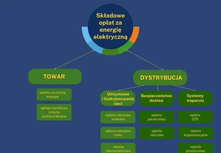 Schemat pokazuje, ile się płaci za prąd miesięcznie: opłaty za towar (energię) i dystrybucję (utrzymanie sieci, bezpieczeństwo, wsparcie).