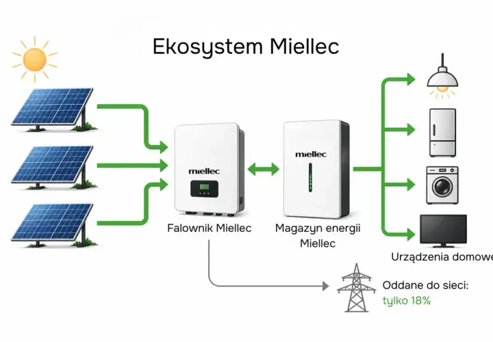 Schemat ekosystemu Miellec: panele fotowoltaiczne, falownik, magazyn energii, urządzenia domowe i sieć. Maksymalna autokonsumpcja fotowoltaika.