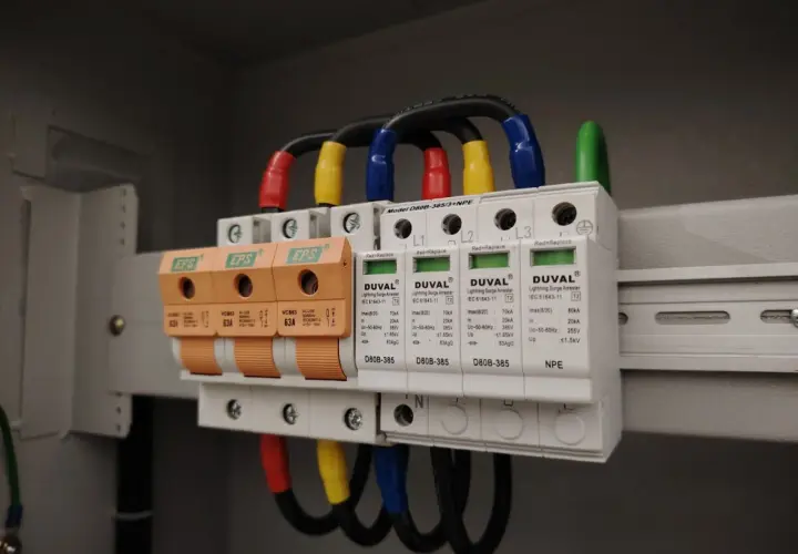 Ograniczniki przepięć w domu jednorodzinnym chronią instalację elektryczną. Widoczne są bezpieczniki i moduły ochronne.