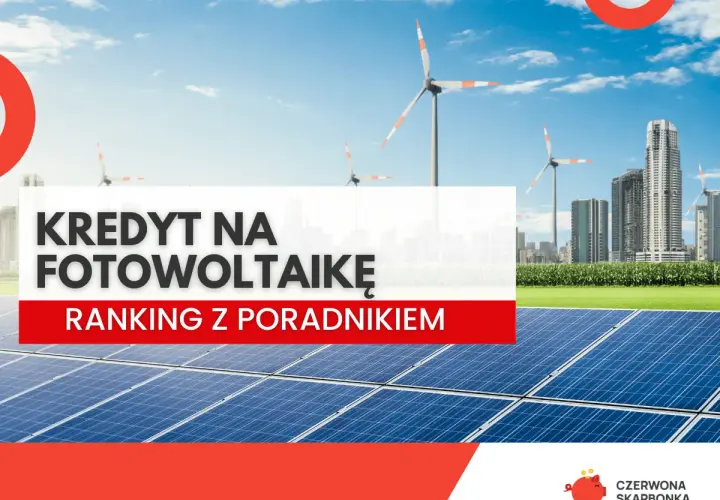 Kredyt na fotowoltaikę: ranking z poradnikiem. Panele słoneczne i wiatraki na tle miasta.