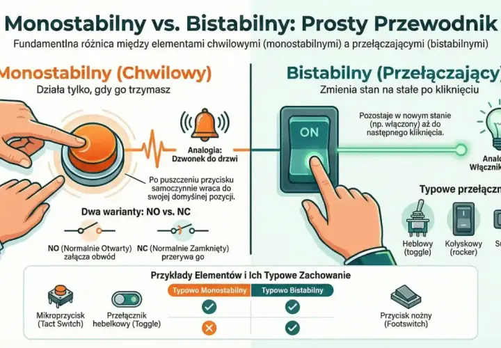 Wyłącznik zwierny zasada działania: monostabilny działa chwilowo (dzwonek), bistabilny zmienia stan na stałe (światło).