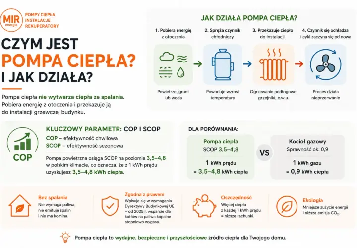 Pompa ciepła pionowa pobiera energię z otoczenia, spręża czynnik i przekazuje ciepło do ogrzewania. Jest ekologiczna i oszczędna.