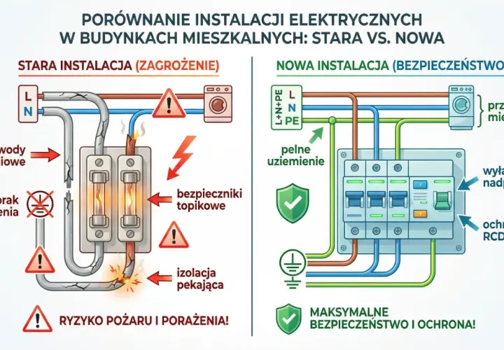 Porównanie instalacji elektrycznych: stara z aluminiowymi przewodami i brak uziemienia, nowa z miedzianymi przewodami i pełnym uziemieniem. Stare oznaczenia kabli elektrycznych są niebezpieczne.