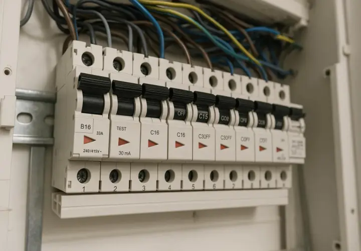 Szukasz informacji, jaki bezpiecznik do siły? Na zdjęciu widać rozdzielnicę elektryczną z bezpiecznikami o różnej wartości prądowej, np. B16, C16, C30FF.
