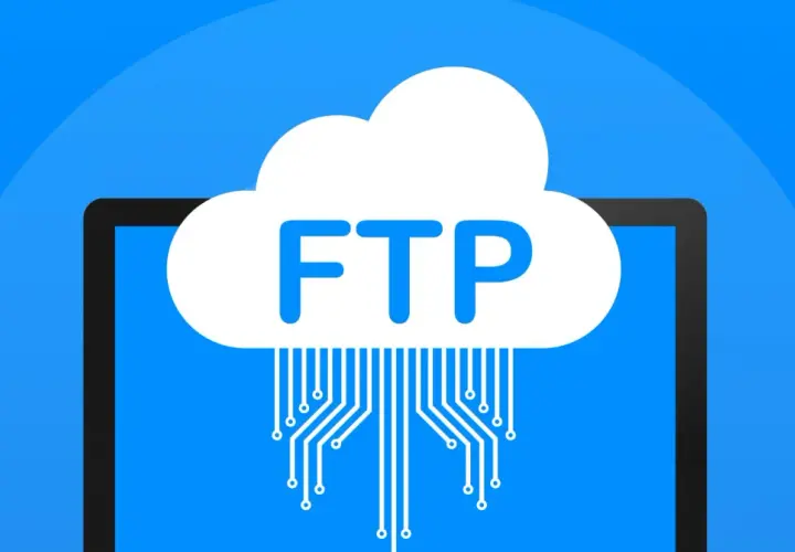 Chmura z napisem FTP i schematem połączeń, symbolizująca transfer plików.