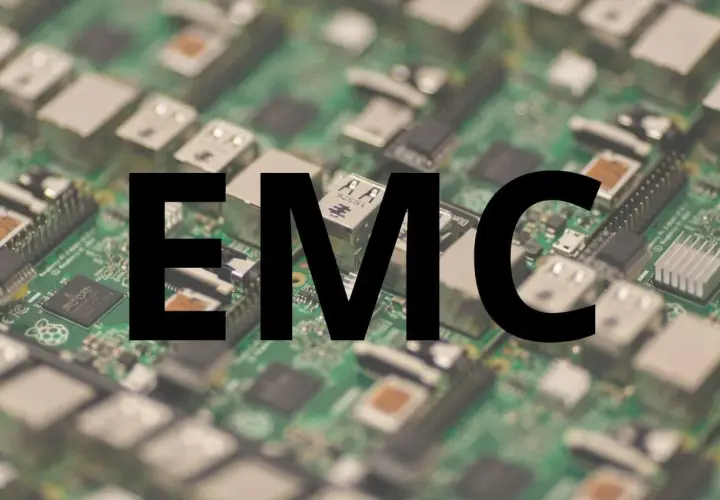 Na zielonej płytce drukowanej z widocznymi elementami elektronicznymi, wielkimi czarnymi literami widnieje napis "EMC". To skrót od Electromagnetic Compatibility, czyli kompatybilności elektromagnetycznej.