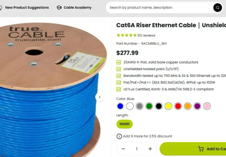 Błękitny kabel Ethernet Cat6A na szpulce. Długość 1000ft. Czy długość kabla Ethernet ma znaczenie? Tak, ten kabel zapewnia wydajność do 100m.