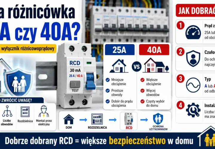Porównanie wyłączników RCD 25A i 40A. Wybór zależy od obciążenia, liczby obwodów i instalacji. Falownik wybija różnicówkę, gdy jest źle dobrana.