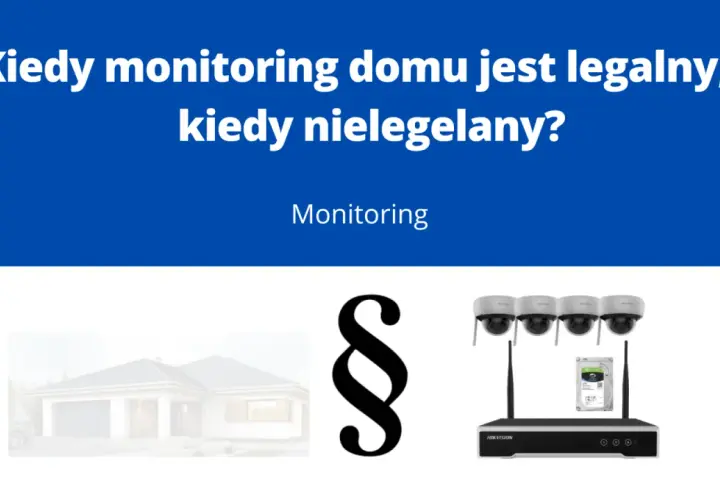 Kiedy monitoring w bloku jest legalny? Obraz przedstawia dom, paragraf i kamery z rejestratorem, sugerując przepisy dotyczące monitoringu.