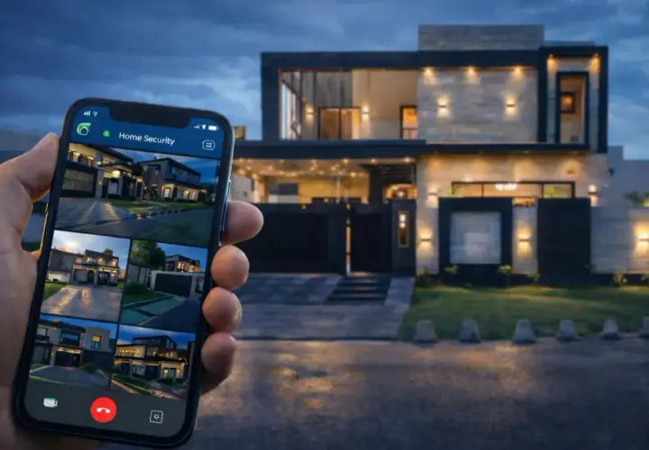 Dłoń trzyma smartfon z widokiem z kamer systemu "Home Security", prezentującym nowoczesny dom. Prosty monitoring domu w zasięgu ręki.