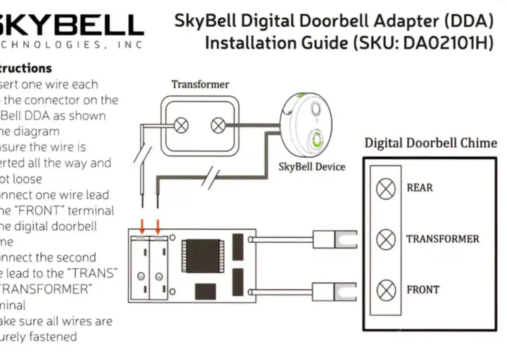 Schemat instalacji SkyBell DDA pokazuje, jak podłączyć urządzenie do transformatora i cyfrowego dzwonka do drzwi, aby uzyskać głośny dzwonek do drzwi.