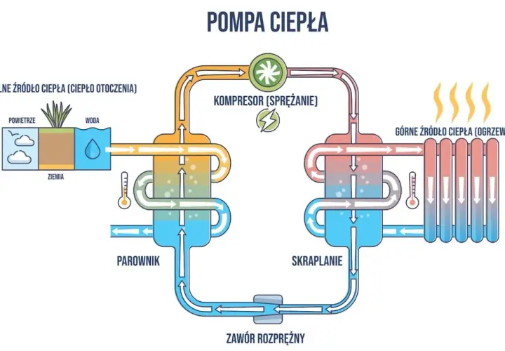 Schemat działania pompy ciepła: pobiera ciepło z otoczenia (powietrze, woda, ziemia), spręża je w kompresorze, a następnie oddaje do ogrzewania.