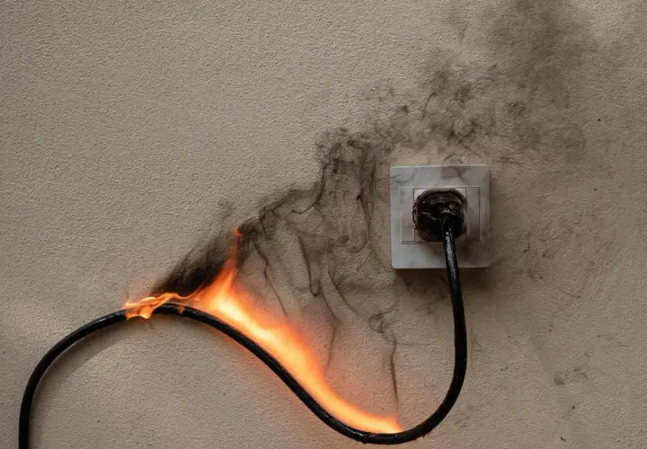 Płonący kabel elektryczny podłączony do gniazdka, z dymem unoszącym się na ścianie. Pamiętaj, jak zabezpieczyć przewody elektryczne przed wodą, by uniknąć pożaru.
