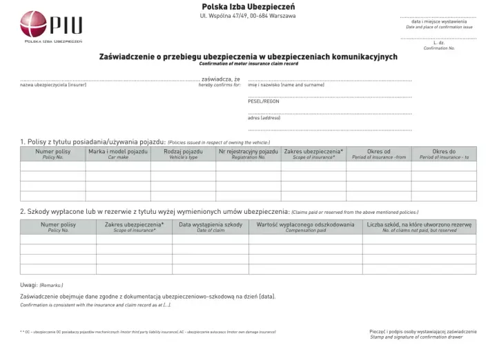 Zaświadczenie o przebiegu ubezpieczenia komunikacyjnego. Dokument zawiera dane polis, szkód i rezerw, niezbędne do oświadczenia elektryka do ubezpieczenia.