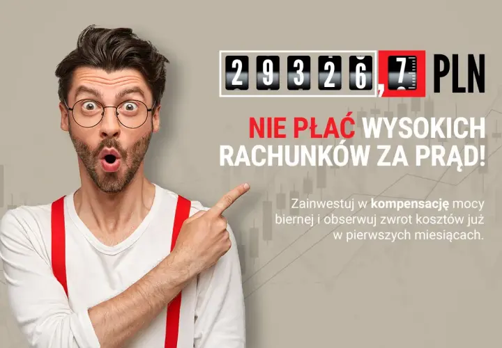 Zaskoczony mężczyzna wskazuje na licznik pokazujący wysokie rachunki za prąd. Optymalizacja współczynnika przesunięcia fazowego to klucz do oszczędności.