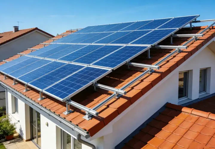 Panele fotowoltaiczne na dachu domu, zapewniające niezależność energetyczną. Fotowoltaika bez podłączenia do sieci to przyszłość.