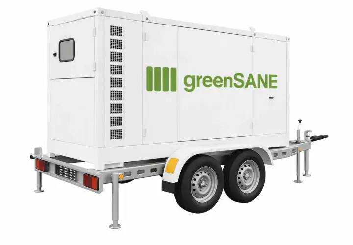 Przenośna stacja zasilania z panelami greenSANE na przyczepie, gotowa do transportu i zapewnienia energii w dowolnym miejscu.