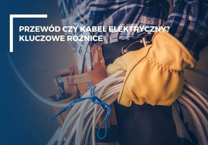 Elektryk w żółtej rękawicy trzyma zwój białego przewodu. Na pasie narzędzia, obok tekstu "Przewód czy kabel elektryczny?".