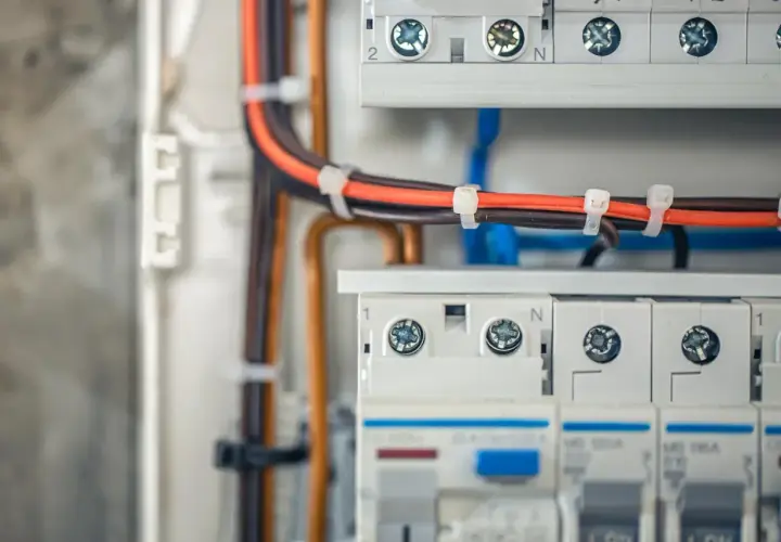 Profesjonalne wykonywanie instalacji elektrycznych: przewody w skrzynce rozdzielczej, bezpieczniki i zaciski.