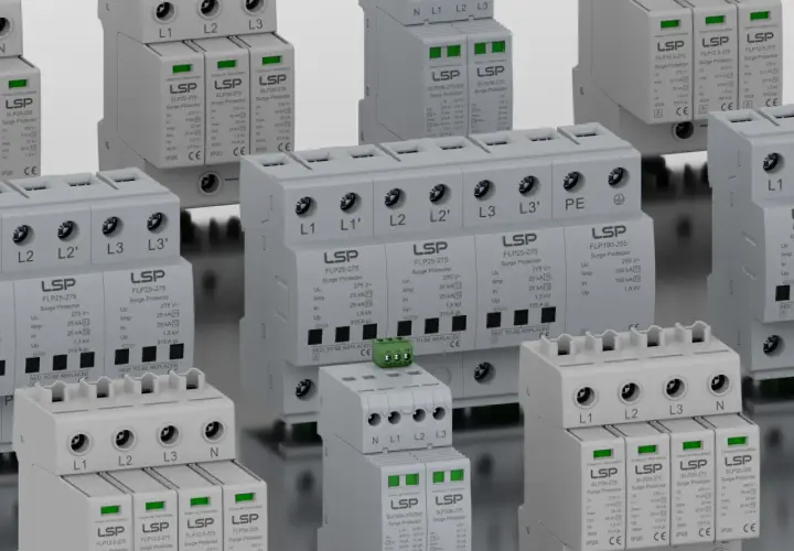 Zabezpieczenie przepięciowe 3 fazowe LSP chroni instalację przed wyładowaniami. Wiele modułów z oznaczeniami L1, L2, L3, N.