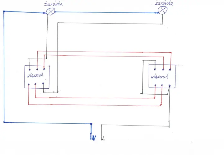 Schemat instalacji elektrycznej z dwoma żarówkami i dwoma łącznikami, które tworzą wyłącznik schodowy.