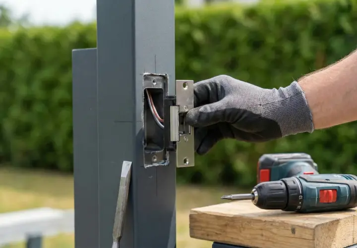 Montaż elektrozaczepu do drzwi. Ręka w rękawicy przykręca element do słupka. Obok wiertarko-wkrętarka.