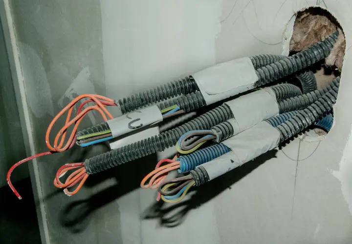 Przewody elektryczne w korytkach, przygotowane do dalszego układania. Widać kolorowe żyły wychodzące z osłon.