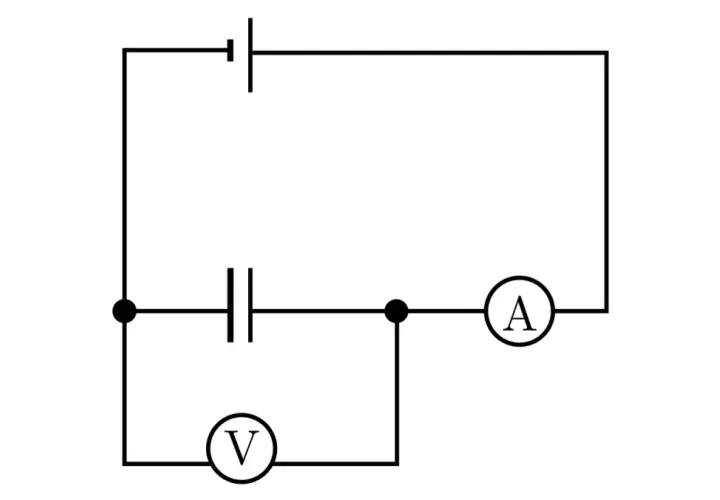 Schemat obwodu elektrycznego z kondensatorem, amperomierzem i woltomierzem. Woltomierz mierzy symbol napięcia na kondensatorze.