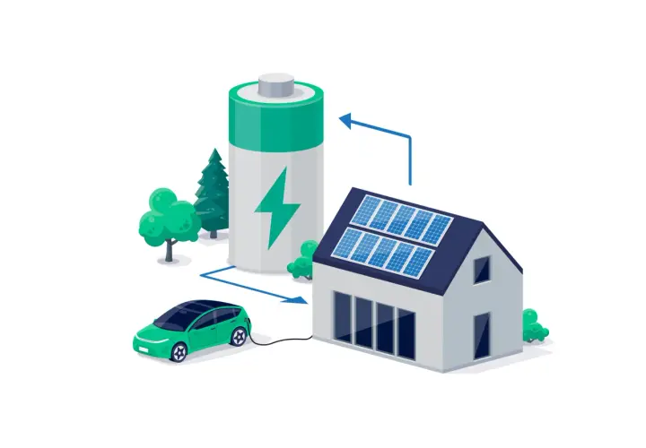 Dom z panelami słonecznymi, zielony samochód elektryczny i duży tauron magazyn energii.