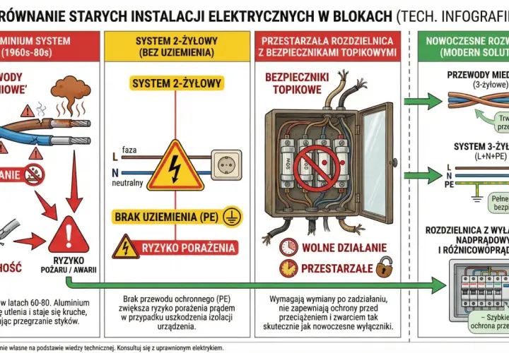 Poradnik elektryka: porównanie starych instalacji aluminiowych z nowymi miedzianymi. Stare przewody aluminiowe są kruche i grożą pożarem.