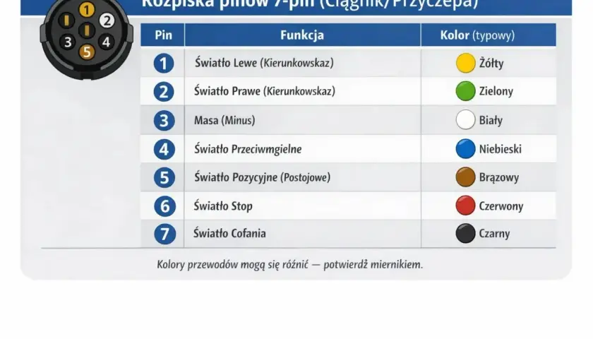 Schemat wtyczki 7 pin: pin 1 - żółty (kierunkowskaz lewy), pin 2 - zielony (kierunkowskaz prawy), pin 3 - biały (masa), pin 4 - niebieski (przeciwmgielne), pin 5 - brązowy (pozycyjne), pin 6 - czerwony (stop), pin 7 - czarny (cofania).
