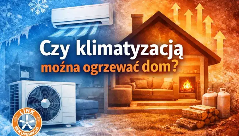 Klimatyzacja do ogrzewania domu: porównanie zimna i ciepła. Wnętrze domu z kominkiem i kanapą po prawej, klimatyzator po lewej.