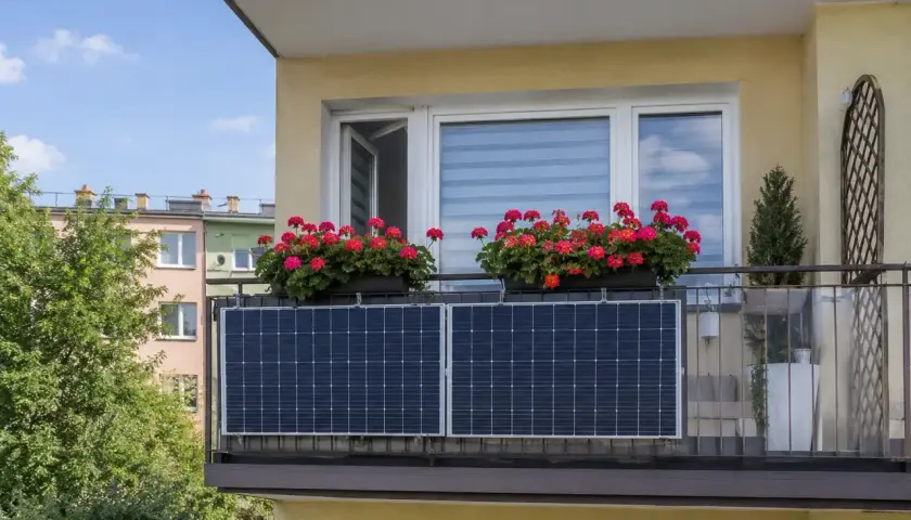 Dwa panele fotowoltaiczne na tarasie, nad nimi skrzynki z czerwonymi pelargoniami. Zielone drzewa i kolorowe budynki w tle.