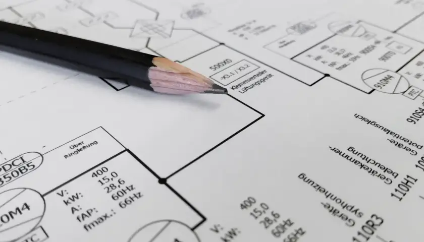 Ołówek na schemacie instalacji elektrycznej. Czy panele fotowoltaiczne trzeba zgłaszać? Dokumentacja techniczna zawiera dane urządzeń.
