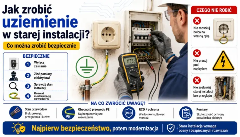 Elektryk sprawdza instalację miernikiem, pokazując, jak podłączyć gniazdko w starej instalacji bezpiecznie.