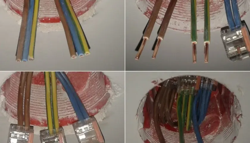 Łączenie puszek elektrycznych: przewody brązowe, żółte, zielone i niebieskie gotowe do połączenia.